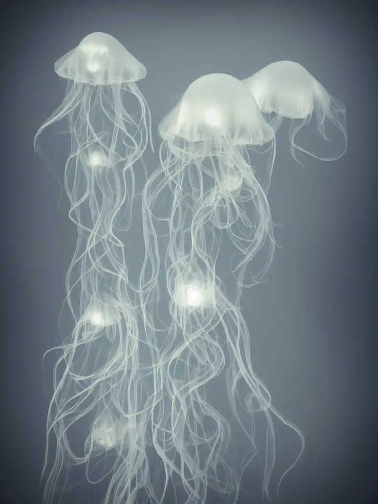 Prompt: cute fumo plush beautiful ectoplasmic gothic skeletal jellyfish ghost twins, glowing milky wisps of hazy smoke and volumetric fog, lens flare, subsurface scattering, vignette, asymmetry, bokeh, refraction, vray