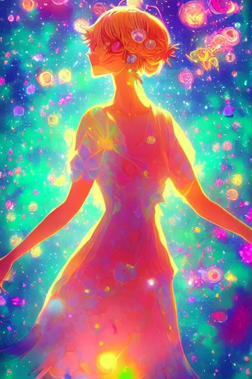 Prompt: psychedelic, whimsical, anime, 4k, beautiful intimate woman with professional makeup, long trippy hair, a crystal and flower dress, bathing in a reflective crystal lake, surrounded by gems, underneath the stars, rainbow fireflies, trending on patreon, deviantart, twitter, artstation, volumetric lighting, heavy contrast, art style of Ross Tran and Ilya Kuvshinov