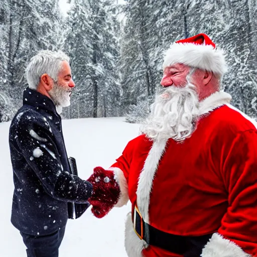 Prompt: Santa Claus shaking hands with Jeffery Epstein in a snowy forest, 8k, depth of field,