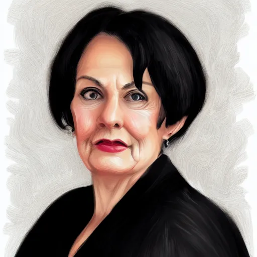 Prompt: a digital portrait of a 65 year old with black hair,hazel green eyes, drawn in the style of mark Arian