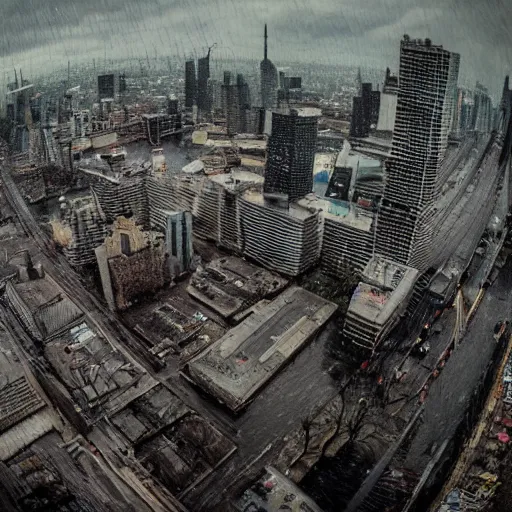 Prompt: A cityscape view using a fish-eyed lens from the Heavy Metal movie. Rainy day. Dusk.