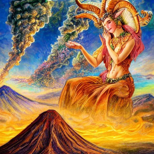 Image similar to painting by senior concept artist josephine wall, horned ram goddess checking her cell phone, erupting volcano and sunset in distance in background, flowers in foreground, fantasy, acrylic on canvas, intricately detailed, highly detailed, high resolution, hdr, 8 k, trending on artstation