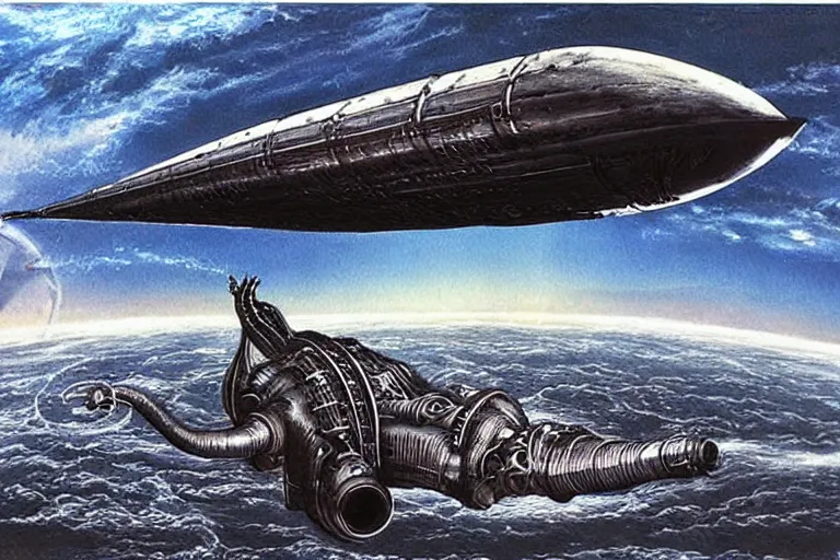 Image similar to atompunk space ship sailing through the infinite cosmos, painting by h. r. giger