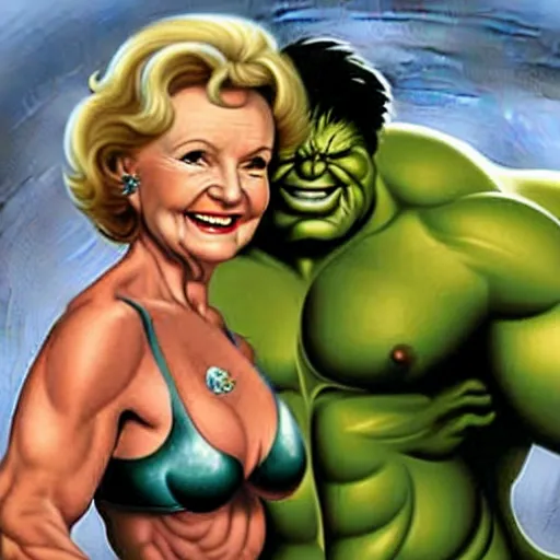 Image similar to buff betty white as the incredible hulk with huge muscles