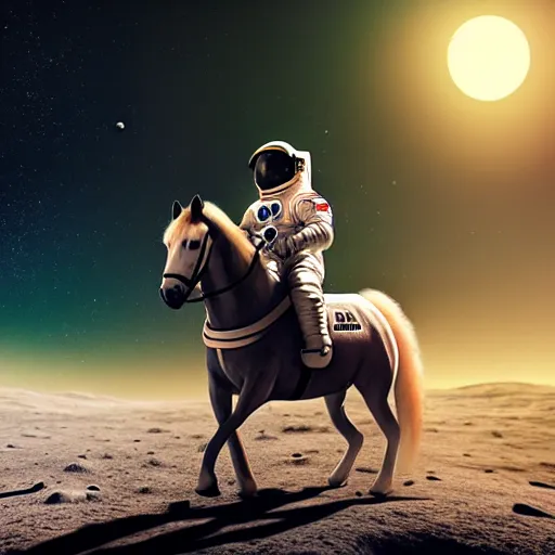 Image similar to professional photo of astronaut riding a horse on the moon, hyperrealistic masterpiece, trending on artstation, cgsociety, kodakchrome, golden ratio, cinematic, composition, beautiful lighting, hyper detailed, sharp focus, octane render, 4 k, unreal engine