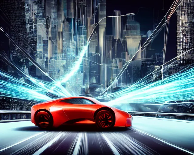 Prompt: Highly detailed digital art of a car arriving from the future, a sleek futuristic car accompanied by a trail of sparks on a city highway, a shining cityscape in the background