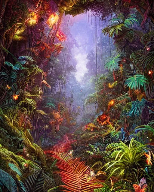 Prompt: photo of a beautifully rendered ancient magical jungle path with tall ferns and carniverous flowers and fireflies, deep rich colors, by android jones, detailed matte painting