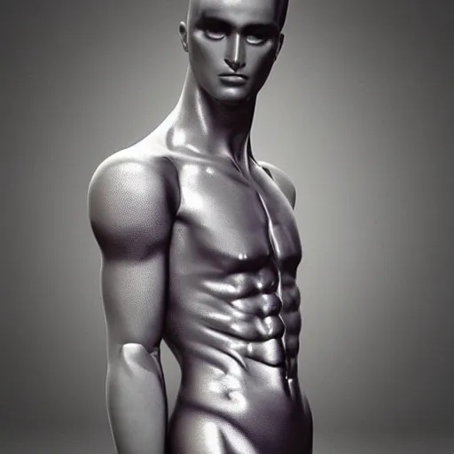 Image similar to “a realistic detailed photo of a guy who is an attractive humanoid who is half robot and half humanoid, who is a male android, Mike the Situation, shiny skin, posing like a statue, blank stare, at the beach, on display”