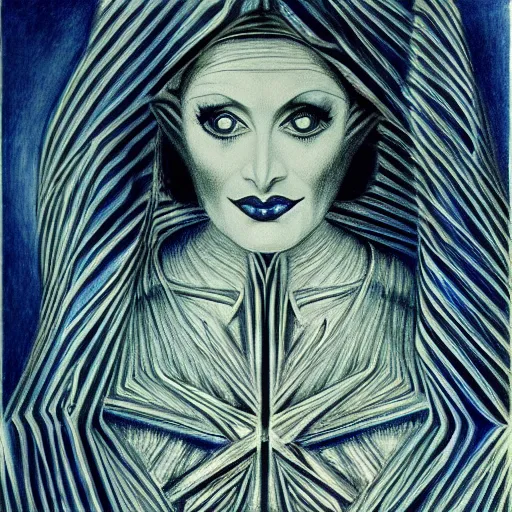 Image similar to Norma Desmond, pencil drawing. El Greco, Remedios Varo, Salvador Dali, Carl Gustav Carus, John Atkinson Grimshaw. Blue tint. Symetrical, logo, geometric shapes.