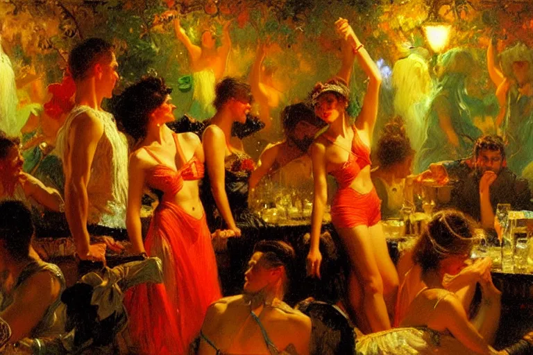 Image similar to 9 0's ibiza party, night, painting by gaston bussiere, craig mullins, j. c. leyendecker