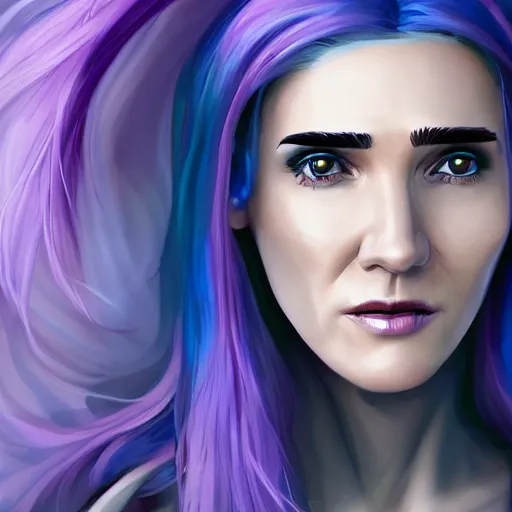 Image similar to beautiful witch female, Jennifer Connelly, blue and purple glowing hair, smiling, clear clean face, two perfect eyes, perfect eyes perfect symmetrical eyes, symmetrical face, blurry background, pose, trending on artstation, Jamie McKelvie comic art, Alexandra Fomina artstation, face by Ilya Kushinov style, style by Loish, painterly style, flat illustration, high contrast