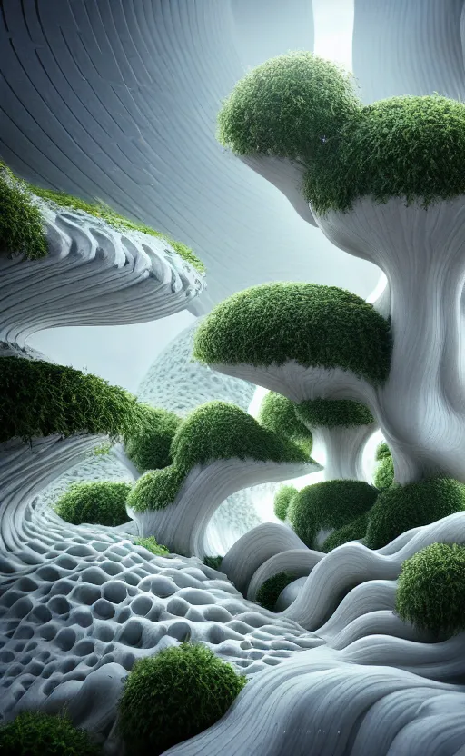 Image similar to highly detailed ultra sharp 3 d render cinematic composition of a smooth ceramic sand porcelain magnolia stone fluid fractal sci - fi surreal architecture landscape, white marble, magnesium, foliage, vincent callebaut composition, mamou - mani, archviz, beautiful lighting, 8 k, unreal engine, hdr, dof