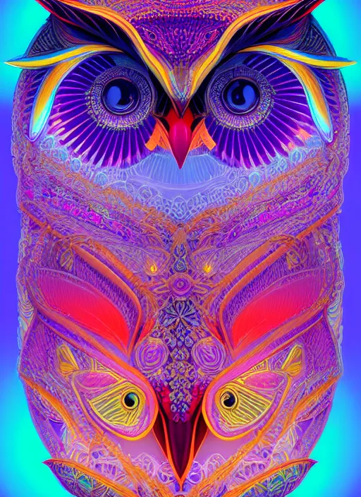 Image similar to symmetry!! product render poster vivid colors divine proportion owl, 神 圣, glowing fog intricate, elegant, highly detailed, digital painting, artstation, concept art, smooth, sharp focus, illustration,