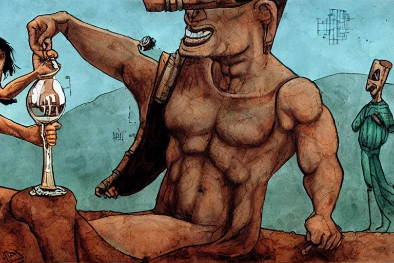 Image similar to odysseus presenting a wine flask to the giant cyclops by enki bilal