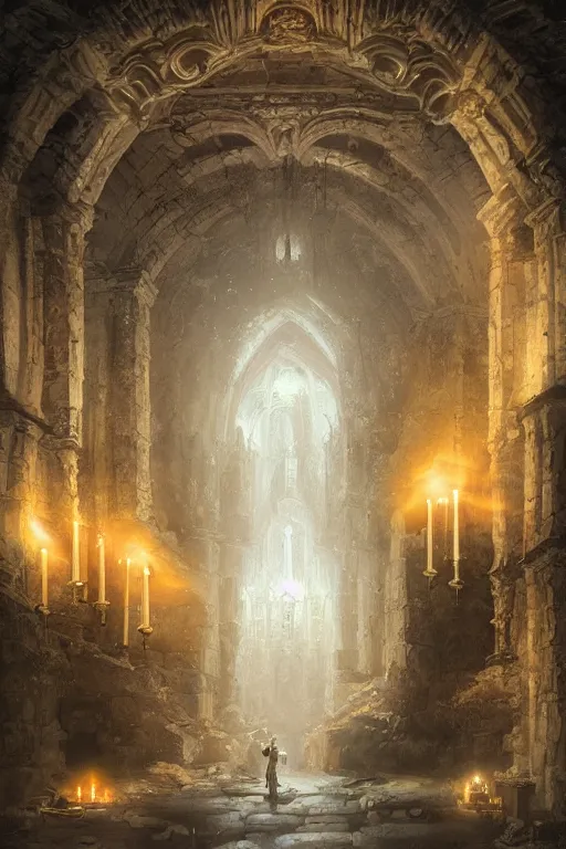 Prompt: Detailed Interior of Monastery Ruins, pure white holy energy, light of god, light shafts, candles, stunning atmosphere, in Style of Peter Mohrbacher, cinematic lighting