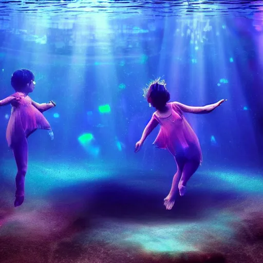 Image similar to midgets dancing underwater glowing mystery