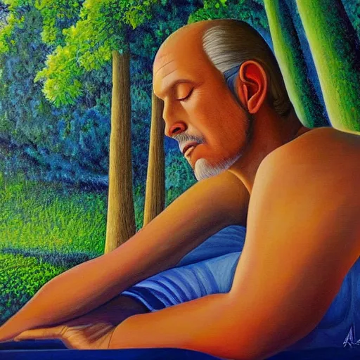 Image similar to painting of a peaceful man relaxing under a tree by alex grey, acrylic art, calm, soothing, cosy, elegant, soft light,