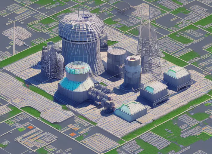 Image similar to hyper detailed nuclear station zaporozhsksya isometric aerial lowpoly by beeple, wlop, unreal engine 5, lumen, nanite