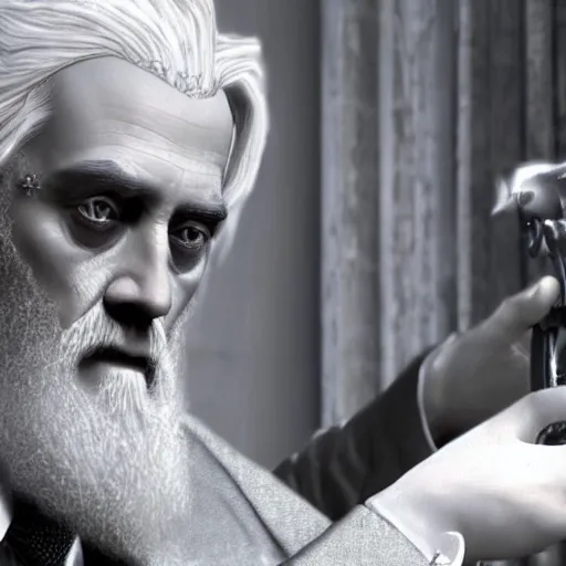 Image similar to Albus Dumbeldore in the mafia using guns photorealistic, 4k