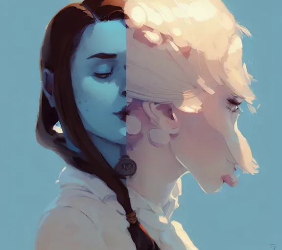 Prompt: portrait will kissing elisabeth by atey ghailan, by greg rutkowski, by greg tocchini, by james gilleard, by joe fenton, by kaethe butcher, dynamic lighting, gradient light blue, brown, blonde cream and white color scheme, grunge aesthetic