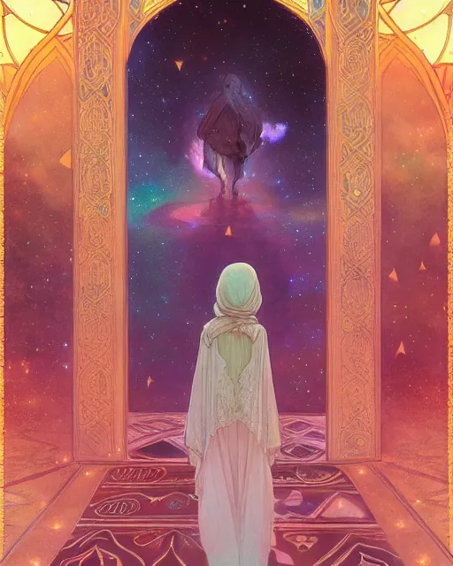 Image similar to bedouin child praying in galaxy walking towards mosque surrounded by nebula, highly detailed, gold filigree, romantic storybook fantasy, soft cinematic lighting, award, disney concept art watercolor illustration by mandy jurgens and alphonse mucha and alena aenami, pastel color palette, featured on artstation