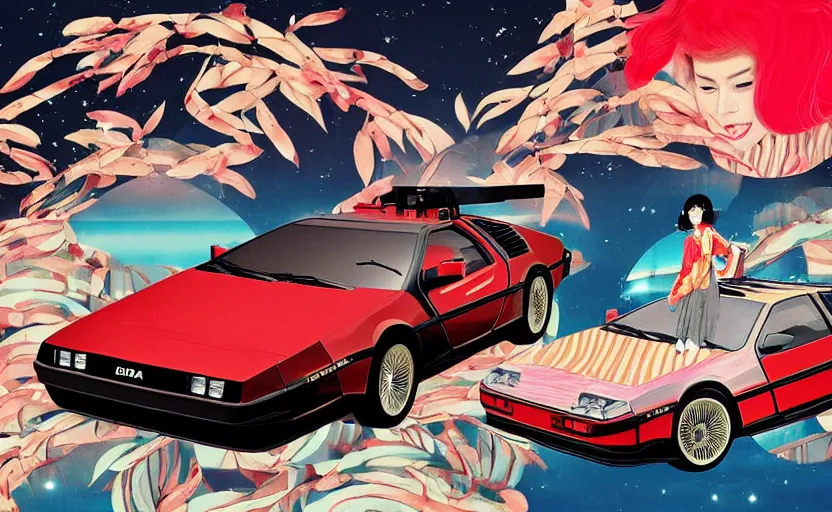 Image similar to a red delorean, tiger stripe backdrop, art by hsiao - ron cheng and utagawa kunisada, magazine collage, # e 4 e 6 2 0, # de 9 5 f 0