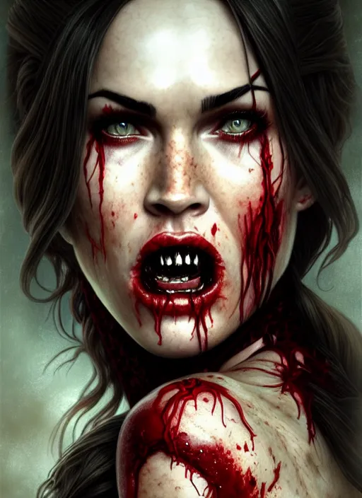 Prompt: portrait of megan fox as bloodthirsty damaged toothsome zombie, once upon a time, intricate, headshot, highly detailed, digital painting, artstation, concept art, sharp focus, cinematic lighting, illustration, art by artgerm and greg rutkowski, alphonse mucha, cgsociety