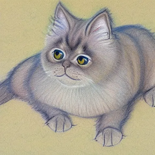 Image similar to chubby persian cat, drawing by Don Bluth, children's colored pencil drawing