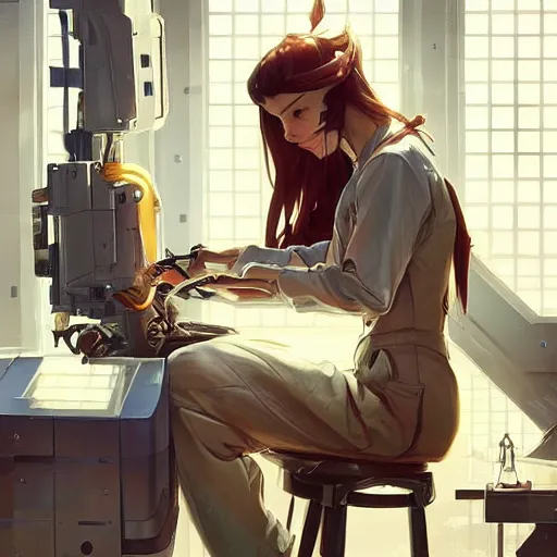 Image similar to A woman wearing coveralls fixing up an android in a high tech workshop, detailed, digital painting, artstation, pixiv, Krenz Cushart, Greg Rutkowski, Alphonse Mucha, Artgerm