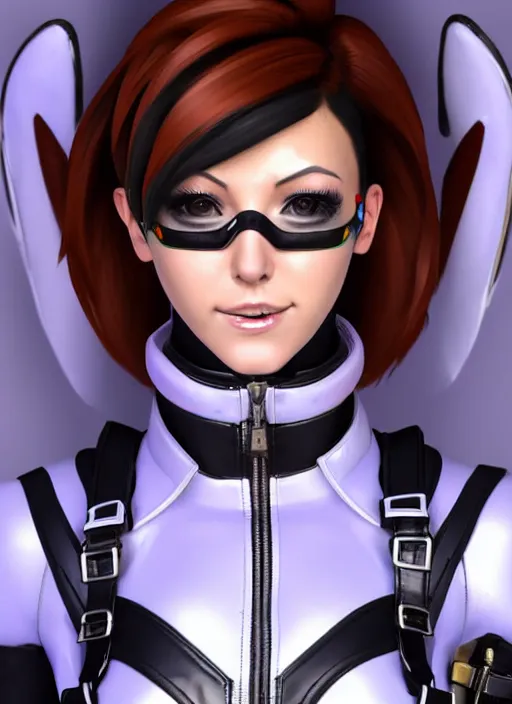 Image similar to portrait bust digital artwork of tracer overwatch, wearing white iridescent rainbow latex and leather straps catsuit outfit, 4 k, expressive happy smug expression, makeup, in style of mark arian, angel wings, wearing detailed black leather collar, chains, black leather harness, detailed face and eyes,