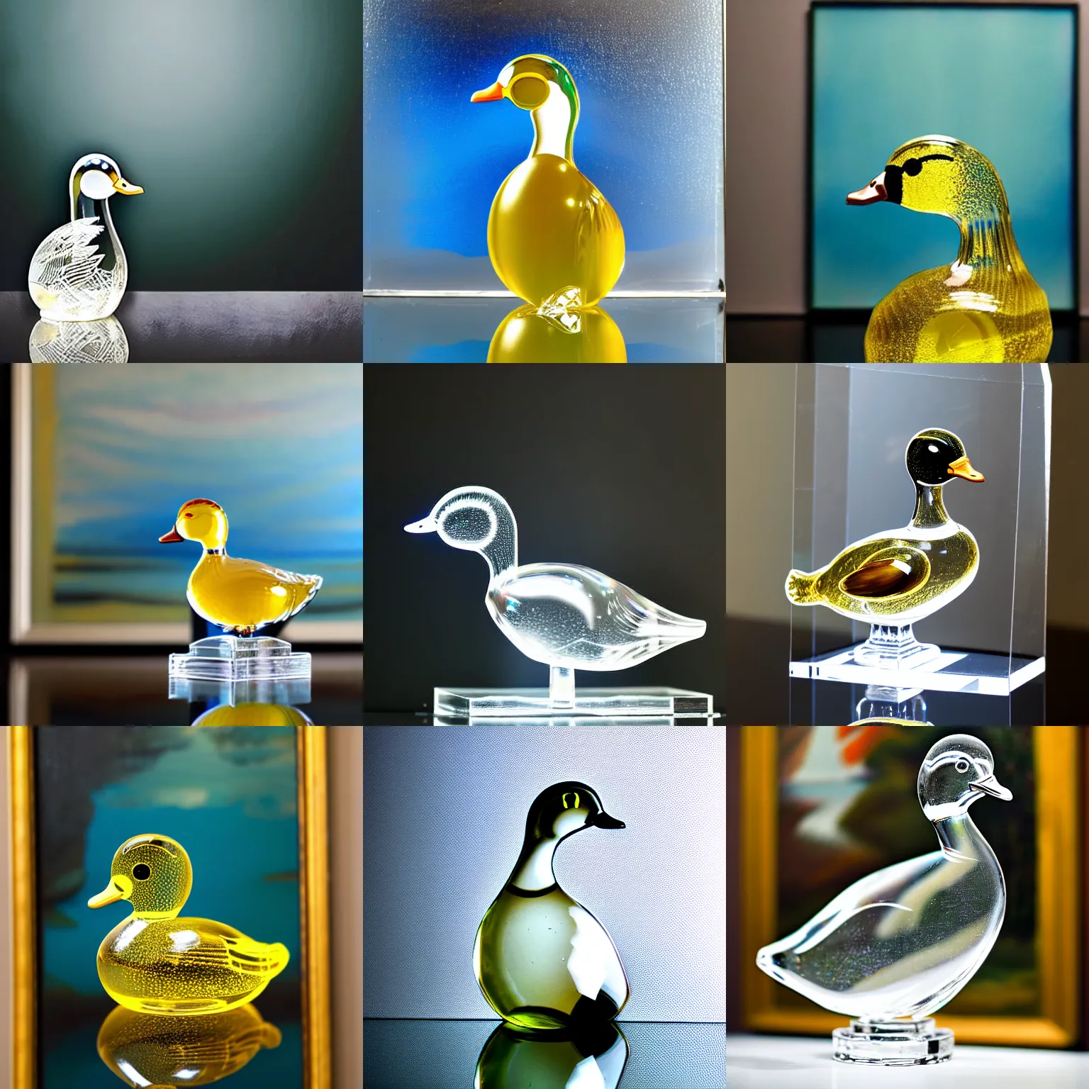 Prompt: a close up photo of a transparent clear [ vintage crystal art glass duck in front of a painting ] [ not opaque ] [ clear duck ]