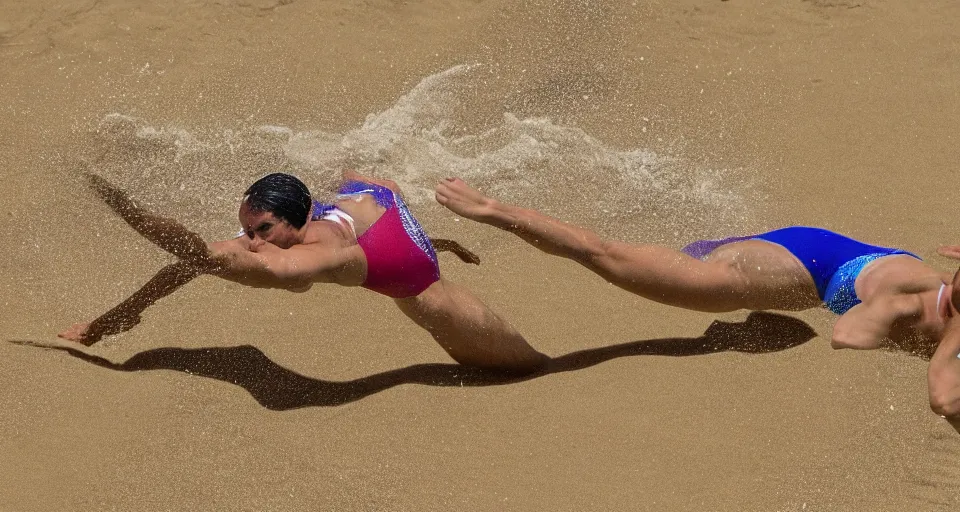 Image similar to olympic swimming in sand instead of water, extremely coherent, motion blur