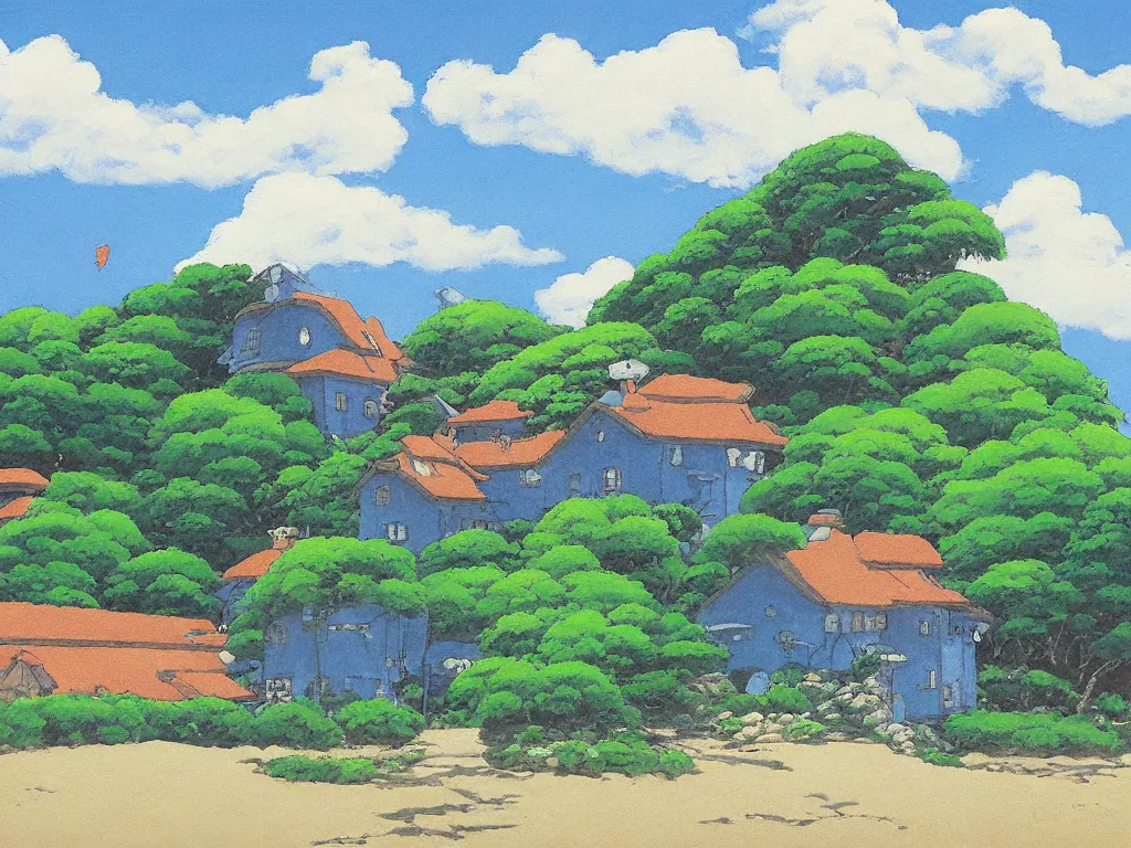 Image similar to studio ghibli painting, kazuo oga, a lone stucco house by the beach, blue sky with few clouds,