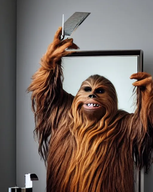 Prompt: Chewbacca shaving his face in front of a mirror
