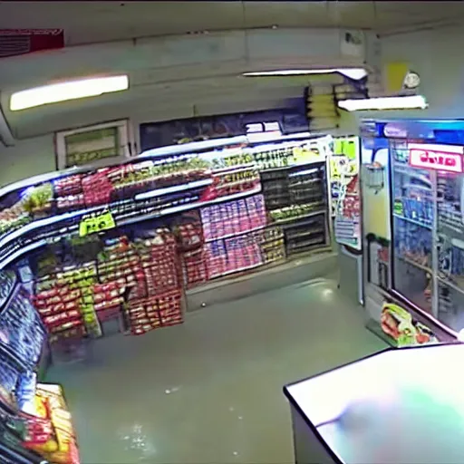 Prompt: cctv cam footage of The Predator on convenience store