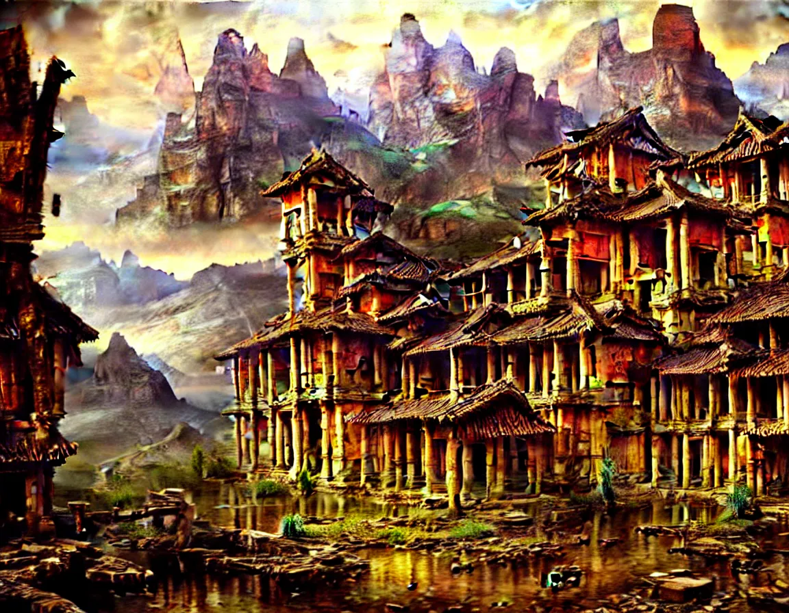 Image similar to hyper realistic detailed oil painting of ancient forgotten town of shangrila, 8 k ultra hd, by jan matejko