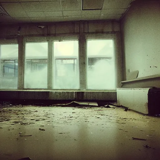 Image similar to Beautiful cameraphone 2000s, liminal soft Photograph of foggy abandoned Store with water on the floor