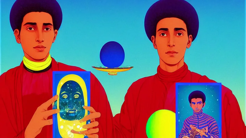 Prompt: a portrait of a young moroccan man holding a colorful alien artifact dug up from an astrological site, and dreaming psychedelic hallucinations in the vast icy landscape of antarctica, by soul bass, kawase hasui, moebius and edward hopper, colorful flat surreal design, xray hd, 8 k, artstation