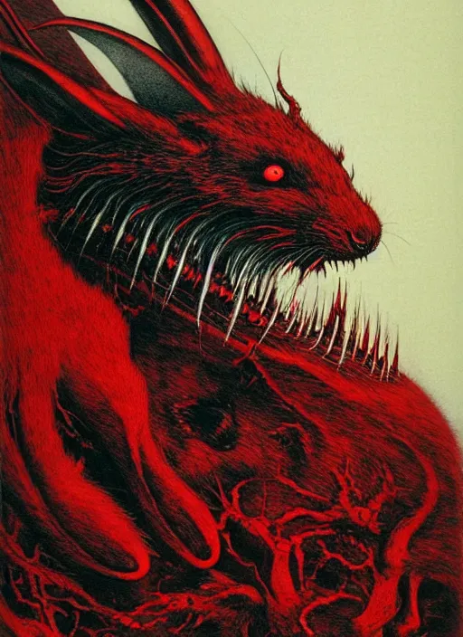 Prompt: a side view of chthonic neon fur demonic rabbit with red eyes and and black veins and white teeth and blood on arms, on background red lake on fire, highly detailed, art by Ayami Kojima, Beksinski, Giger