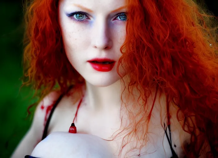 Prompt: award winning 5 5 mm close up face portrait photo of an anesthetic and beautiful redhead woman who looks directly at the camera with blood - red wavy hair, intricate eyes that look like stars, and fangs, in a park by luis royo. rule of thirds.