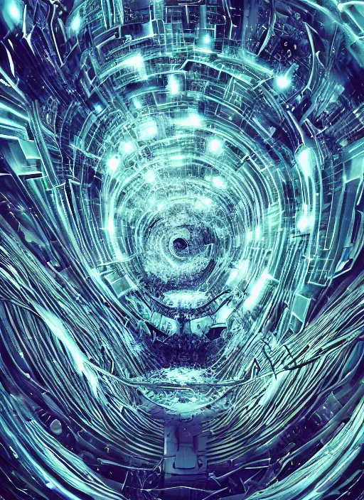 Image similar to the machine universe encounters a living cosmos inside an asymmetric orthogonal non - euclidean upside down inside out world with an infinite cosmic spiral waterfall of living information, inspired by android jones, hyperrealistic, digital art, futuristic sci - fi concept art, rendered in cinema 4 d, cryengine 4 k