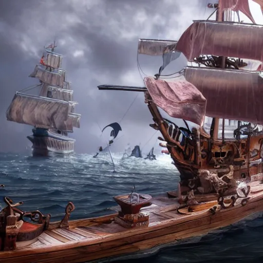 Image similar to pirate ship battle in a bath tub, highly detailed, cinematic lighting, render, fantasy