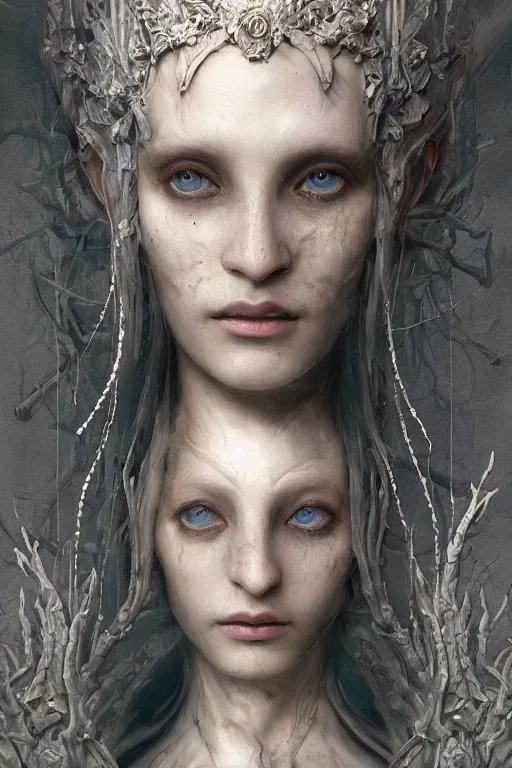 Image similar to beautiful stygian strange detailed an entire full-body victorian a blue eyed, blonde haired crowned queen of summer with light elvish overtones by Emil Melmoth, Zdzislaw Beksinski, Craig Mullins, yoji shinkawa ,cross, artstation, pete morbacher, hyper detailed, very detailed, artstation, rendering by octane, unreal engine, forest background.