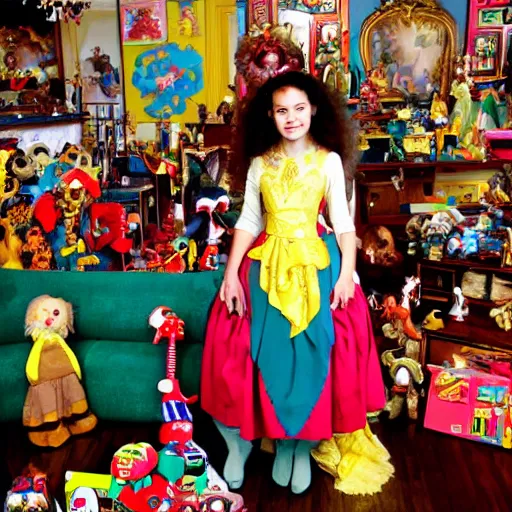 Image similar to young lady in baroque dresses, standing in the middle of the room full of toys. Keith Giffen