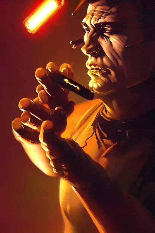 Image similar to An android lighting a single cigar in a cyberpunk setting, by Frank Frazetta, wearing rings, dramatic lighting, high contrast colours, as trending on Artstation, highly detailed,