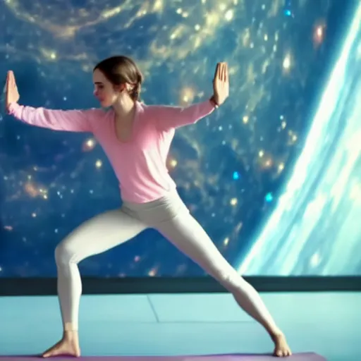 Prompt: emma watson as yoga instructor in space, cinematic shot, magical colors and atmosphere, perfect composition, coherent, super realistic, professional 8 k