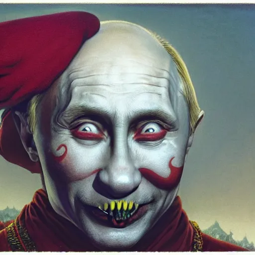 Image similar to vladimir putin, drunk jester, drunk circus performance, unga bunga, wearing clown nose, horror teeth, fantasy 3 d render, masterpiece, by donato giancola and greg rutkowski and wayne barlow and zdzisław beksinski, realistic face