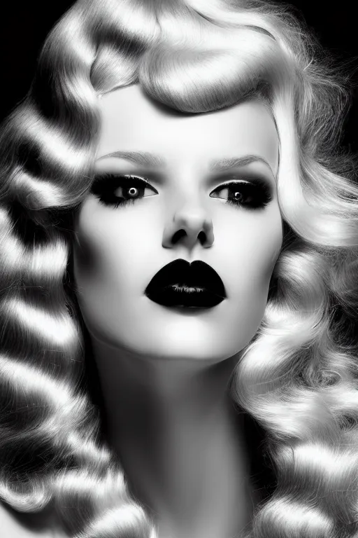 Prompt: stunning black and white portrait of a beautiful blonde woman by kenneth willardt. long wavy glossy hair and makeup. face only, no hand. vintage glamour. shiny dark lips. graphite drawing.