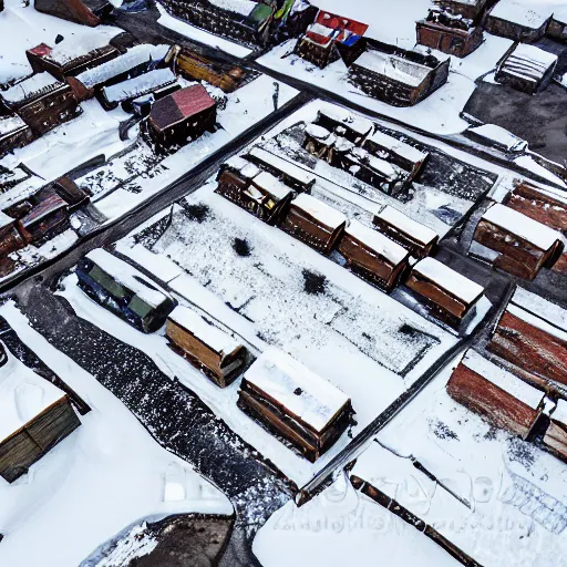 Image similar to abandoned mine and crates full of supplies buried in snow::2 snowy region on coast of ever snow, aerial drone perspective, top down view ::1 sattelite image of snow from 250 meters height, some coal boxes and barrels are covered in snow, old mine remains :: 1 post apocalyptic, snowstorm ::5