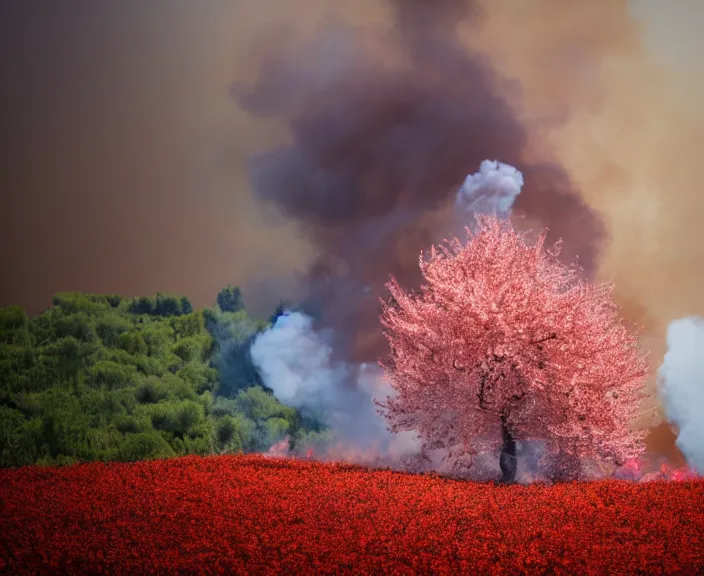 Image similar to 4 k hd, high detail photograph of blossoming tree in land on fire, shot with sigma f / 4. 2, 2 5 0 mm sharp lens, wide shot, consistent, volumetric lighting, high level texture render